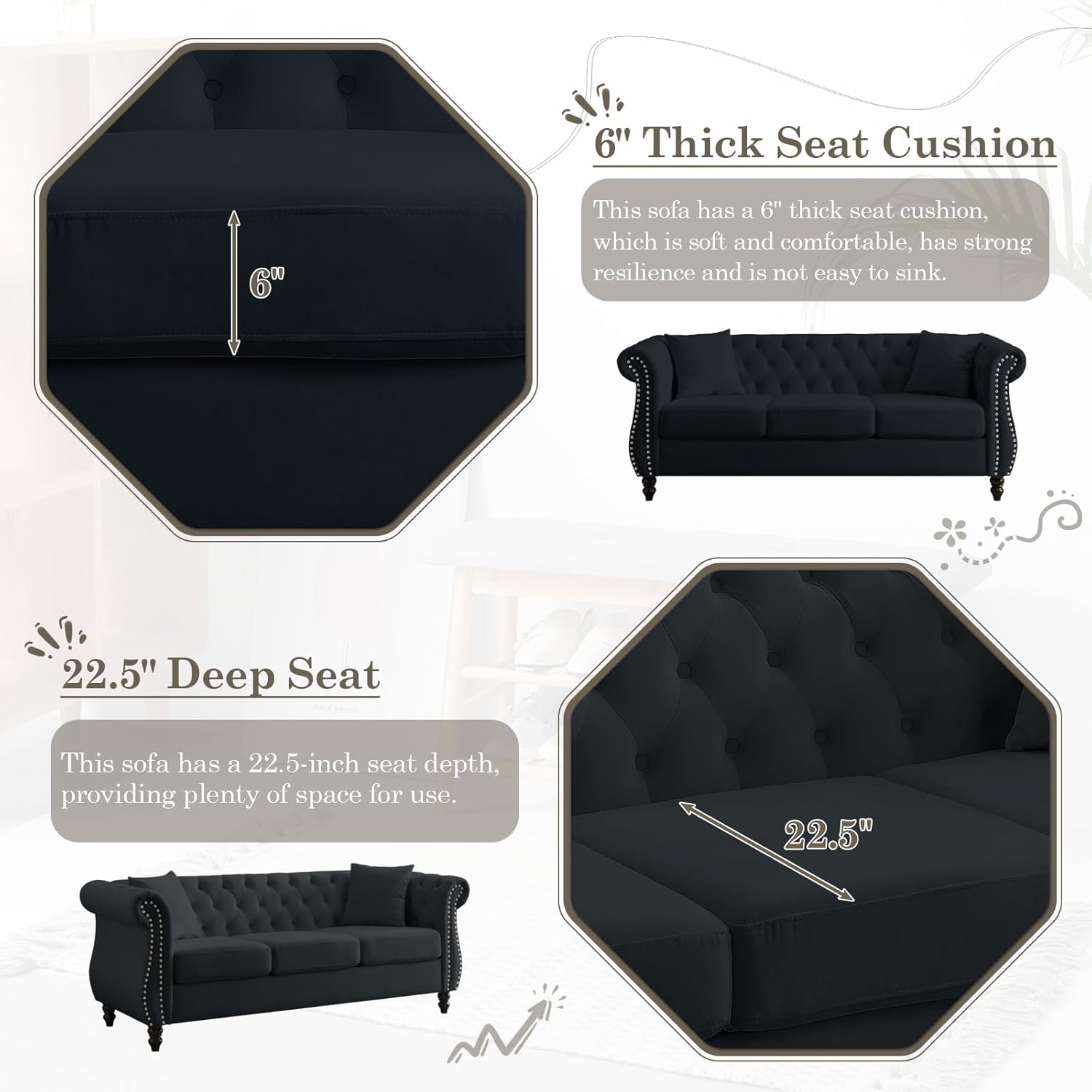 Chesterfield Sofa Couch,80" Button Tufted Velvet Sofa with Rolled Arms&Nailhead Trim,Comfy 3 Seater Sofa,Oversize Mid Century Modern Couch for Living Room,Bedroom,Apartment,Office(Black)