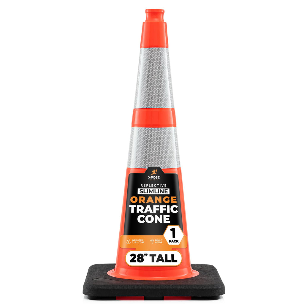 Xpose Safety 28 Inch Orange Slim Line Traffic Cones with 6" & 4" Collars, 24 Pack Multipurpose PVC Plastic Safety Cone for Parking, Soccer, Caution, Kids & Construction - DOT Approved