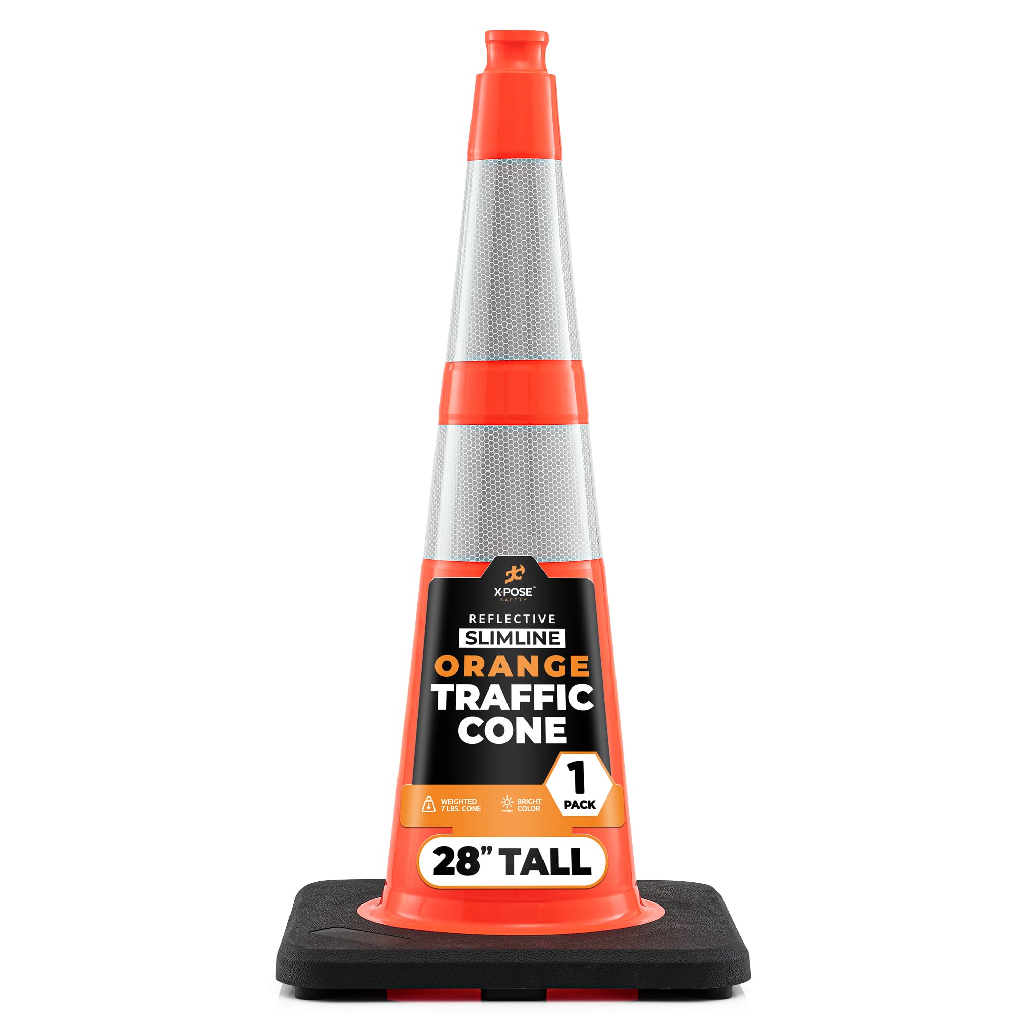 Xpose Safety 28 Inch Orange Slim Line Traffic Cones with 6" & 4" Collars, 24 Pack Multipurpose PVC Plastic Safety Cone for Parking, Soccer, Caution, Kids & Construction - DOT Approved
