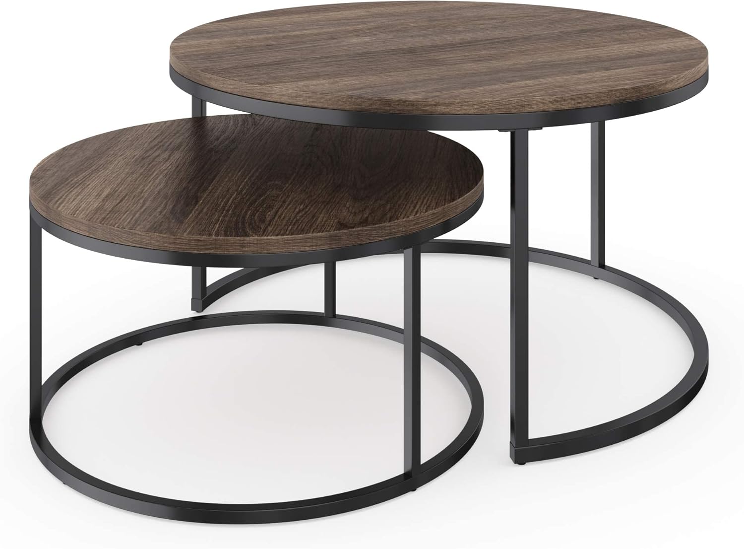 Nathan James Stella Round Modern Nesting Coffee Set of 2, Stacking Living Room Accent Tables with an Industrial Wood Finish and Powder Coated Metal Frame, Warm Nutmeg/Matte Black