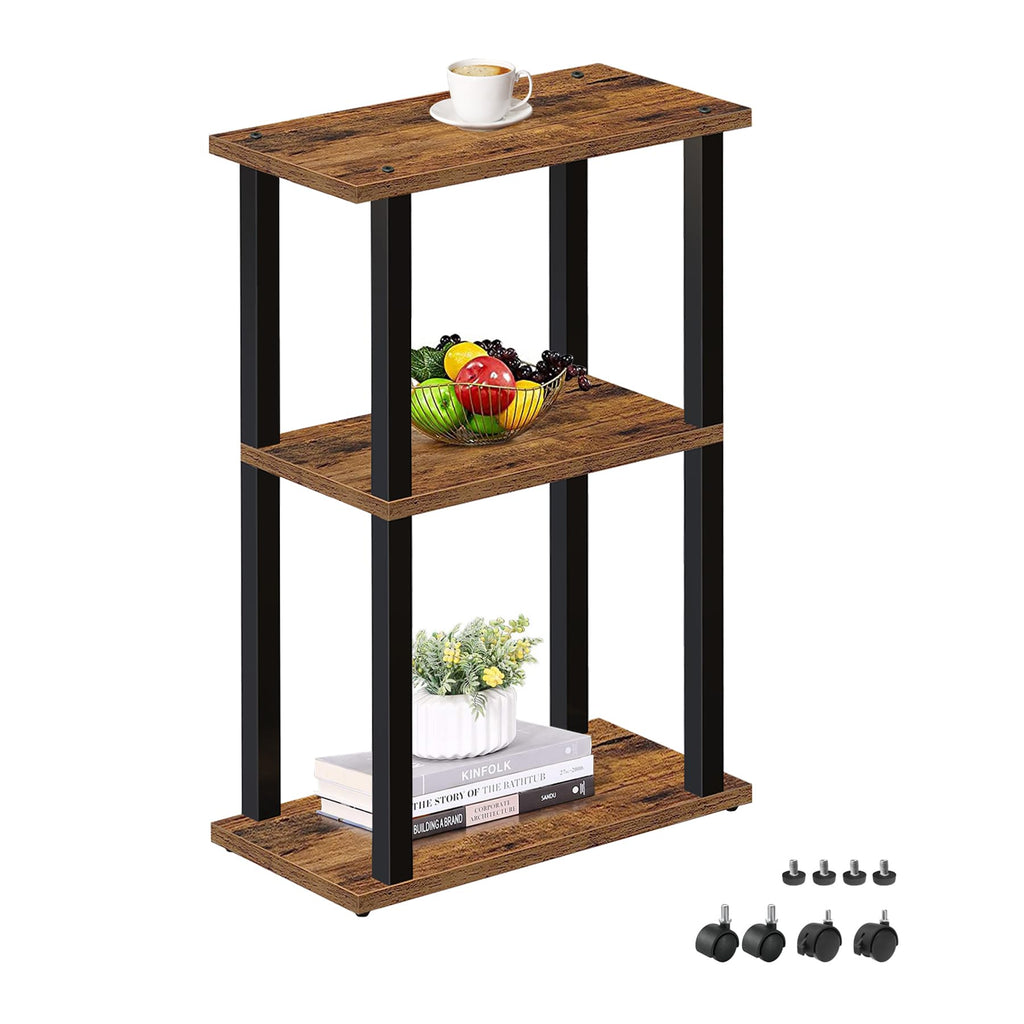 TUTOTAK Small Narrow Side Table with Charging Station, Skinny End Table for Small Spaces, Slim Nightstand with USB Ports and Outlet, Sofa Beside Table with Wheels, Brown TB01BB046