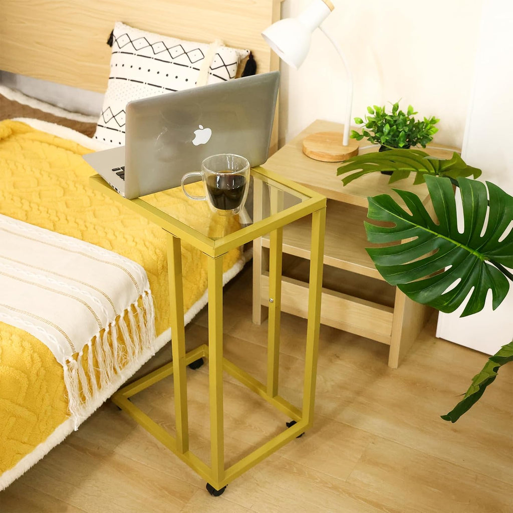 Fixwal C-Shaped End Table Set of 2, Tempered Glass Couch Table Snack Side Table with Metal Frame, TV Tray Table for Living Bedroom Coffee Snack Laptop Sofa Couch and Bed, Gold