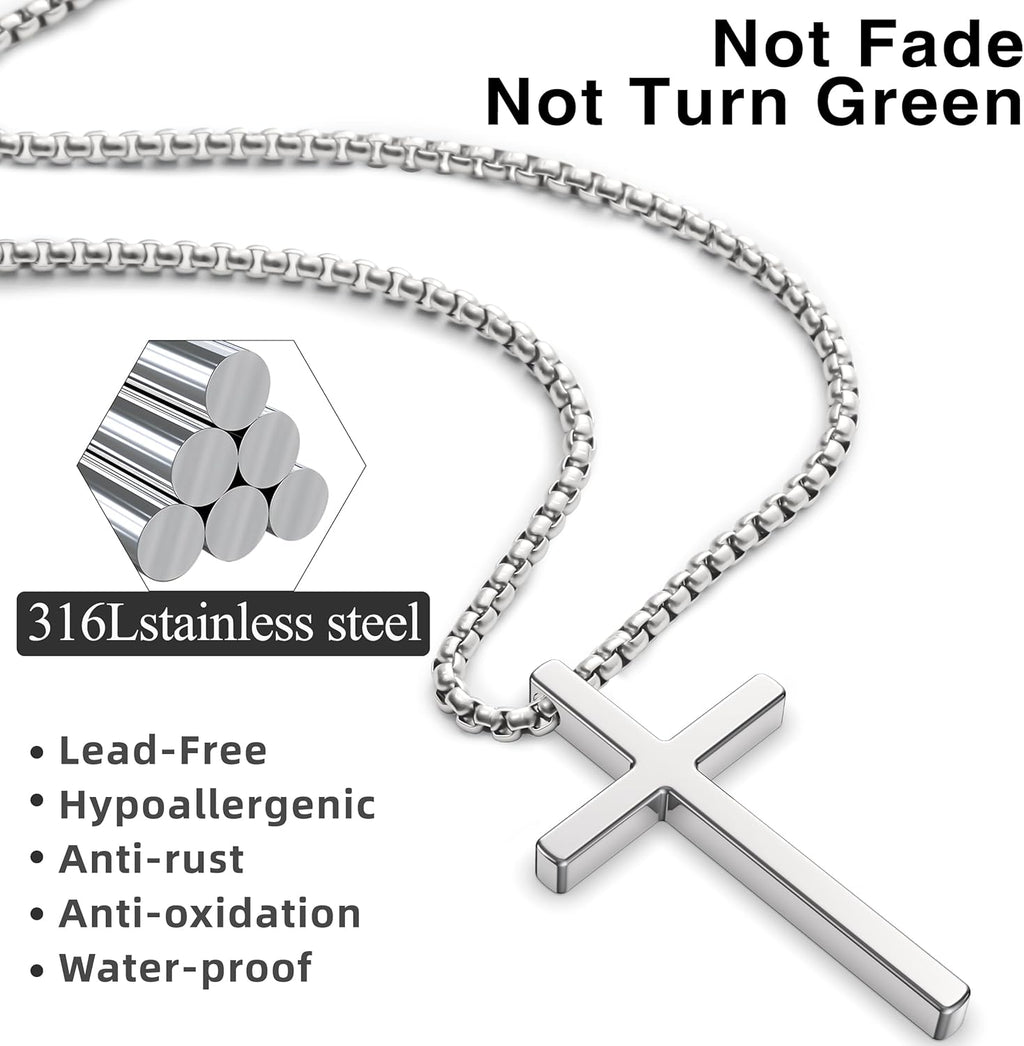 Romass 2 Pcs Cross Necklace for Men,Stainless Steel Pendant Silver Black Crosses Chain Jewelry Gifts Box 16-30 inches