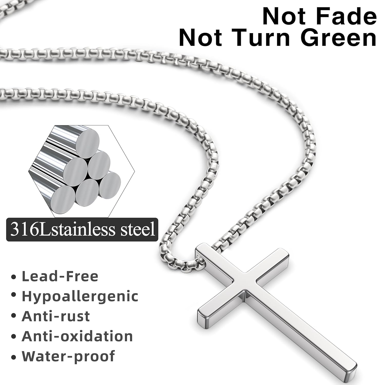 Romass 2 Pcs Cross Necklace for Men,Stainless Steel Pendant Silver Black Crosses Chain Jewelry Gifts Box 16-30 inches
