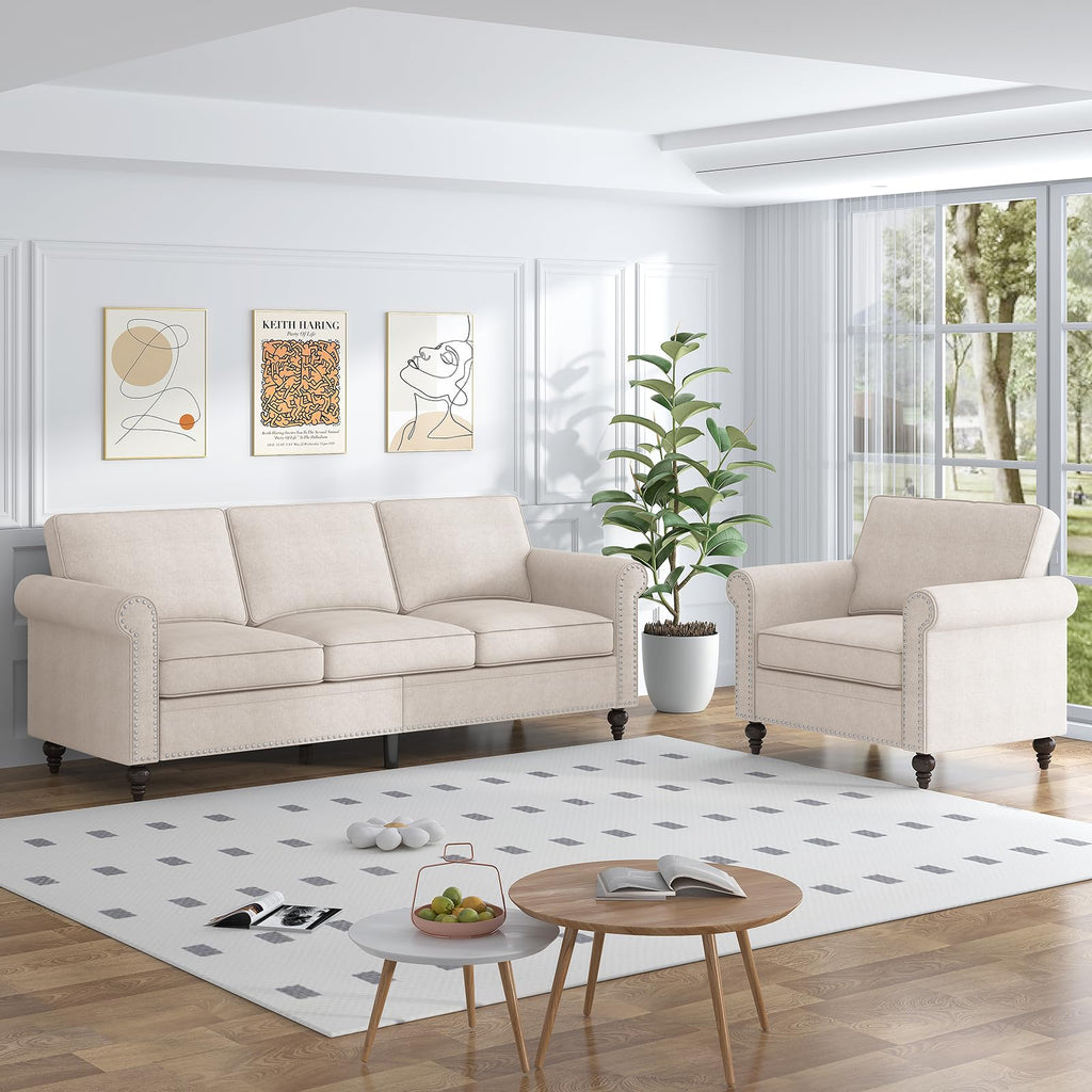 MUZZ 3PCS Sofa Set for Living Room,Modern Linen Couch Set with Nailhead Trim Design, Living Room Furniture Set for Office Apartment Home(Sofa & Loveseat & Chair/Light Grey)