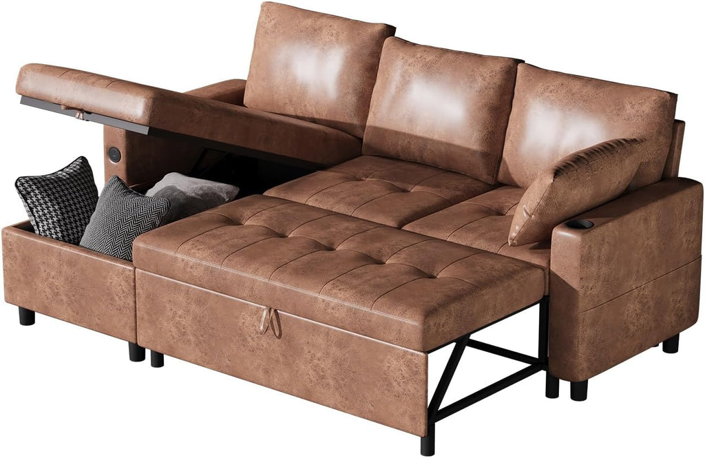 Leather Sleeper Sofa Couch with Pullout Bed, 83.5'' Sofa Bed Pull Out Couch with Reversible Storage Chaise, Sectional Couches with USB Charging Ports&Cup Holders for Living Room, Brown