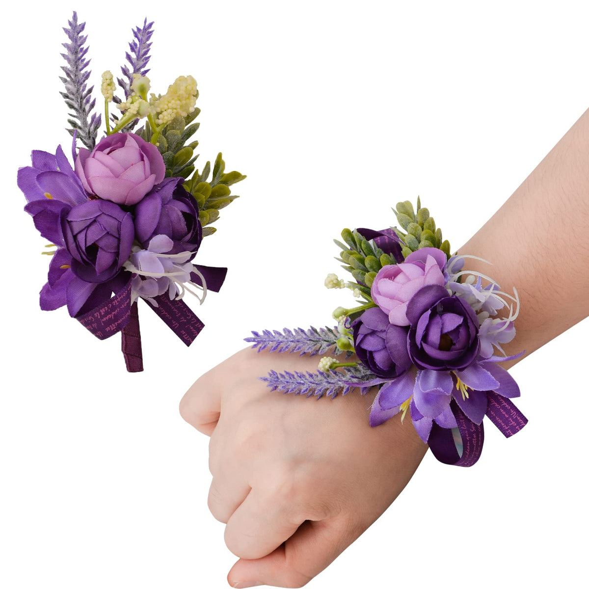 URROMA Wrist Corsage and Boutonniere Set, 1 Set Small Rose Purple Hand Flower for Prom Artificial Wedding Wrist Corsage for Wedding Party Prom