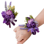 URROMA Wrist Corsage and Boutonniere Set, 1 Set Small Rose Purple Hand Flower for Prom Artificial Wedding Wrist Corsage for Wedding Party Prom