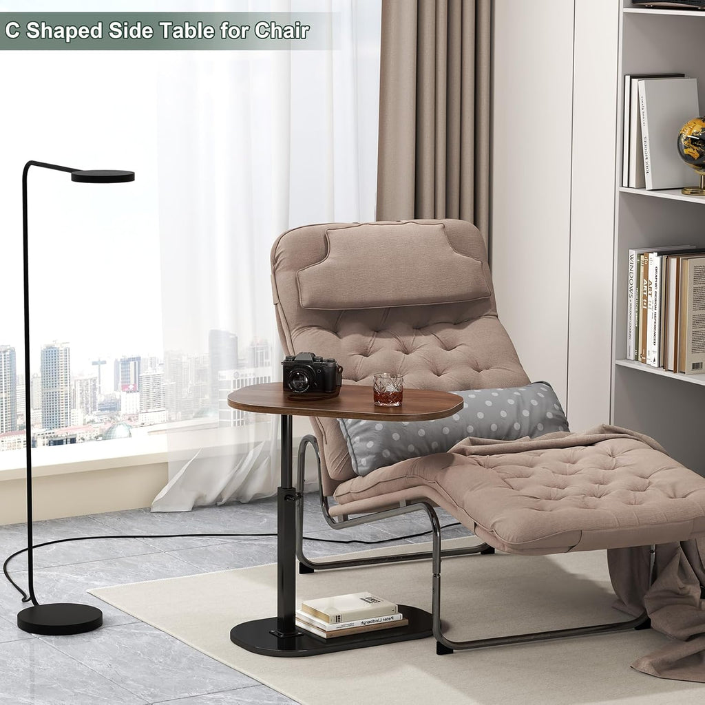 C Shaped Side Table, Adjustable Height C Shaped End Table, 360°Swivel Couch Side Tables That Slide Under, Modern Small Coffee C Table End Table for Sofa/Bed/Bathtub, Rotating Tabletop (Walnut)