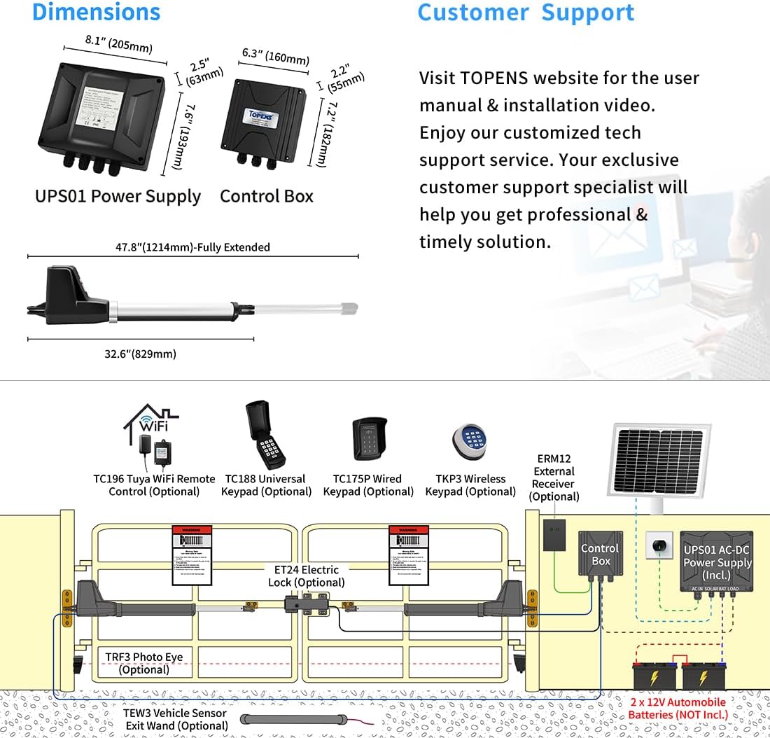 TOPENS AT6132S Solar Dual Swing Gate Opener Medium Duty Automatic Gate Motor for Double Swing Gates Up to 18ft per Arm, Electric Driveway Gate Operator AC Powered with Solar Panel Remote Control Kit