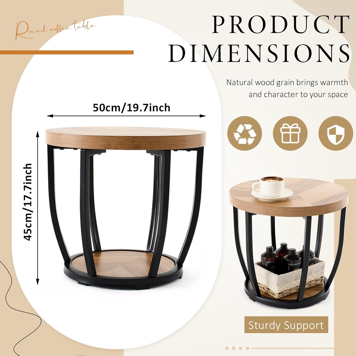 Round Coffee Table, 2-Tier Circle Wood Coffee Table with Storage Shelves, Modern Industrial Wooden Accent Center Sofa Side for Living Room, Home Office(19.7'' Dia X 17.7 H)
