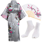 Heone Kimono Satin Peacock Printed Lightweight Cardigan Jacket Coat Yukata Cloak Bathrobe Tops folding Fans Tabi Socks Set