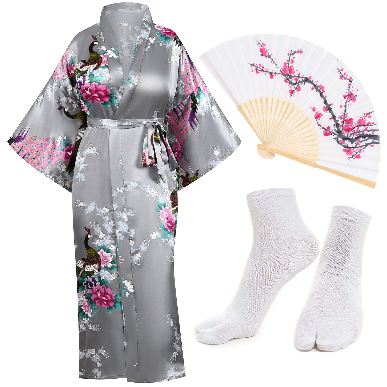 Heone Kimono Satin Peacock Printed Lightweight Cardigan Jacket Coat Yukata Cloak Bathrobe Tops folding Fans Tabi Socks Set