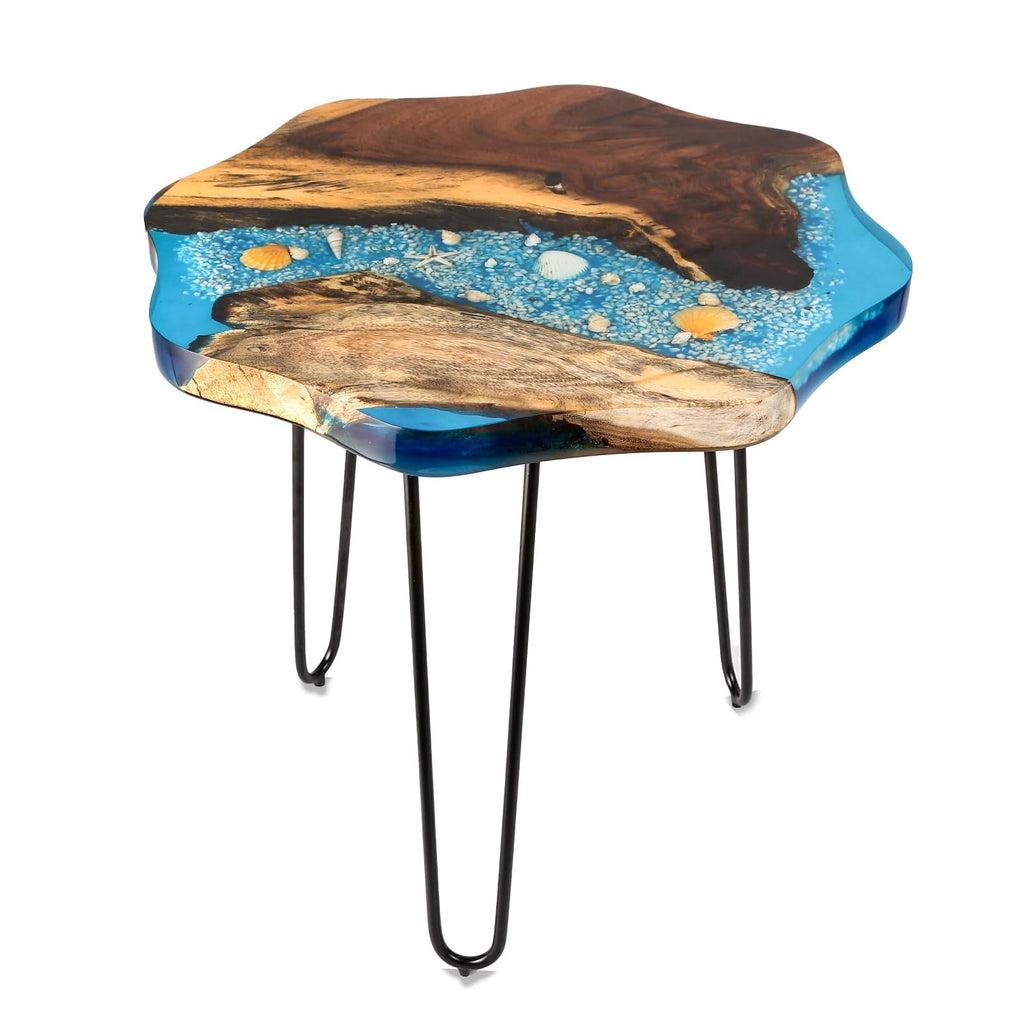 Crystal Clear Epoxy Resin Natural Edge Wood end Table, Wood Resin Side Table Hand Made Craft Coffee Table with Hairpin legs-20 inch Tall (Blue)