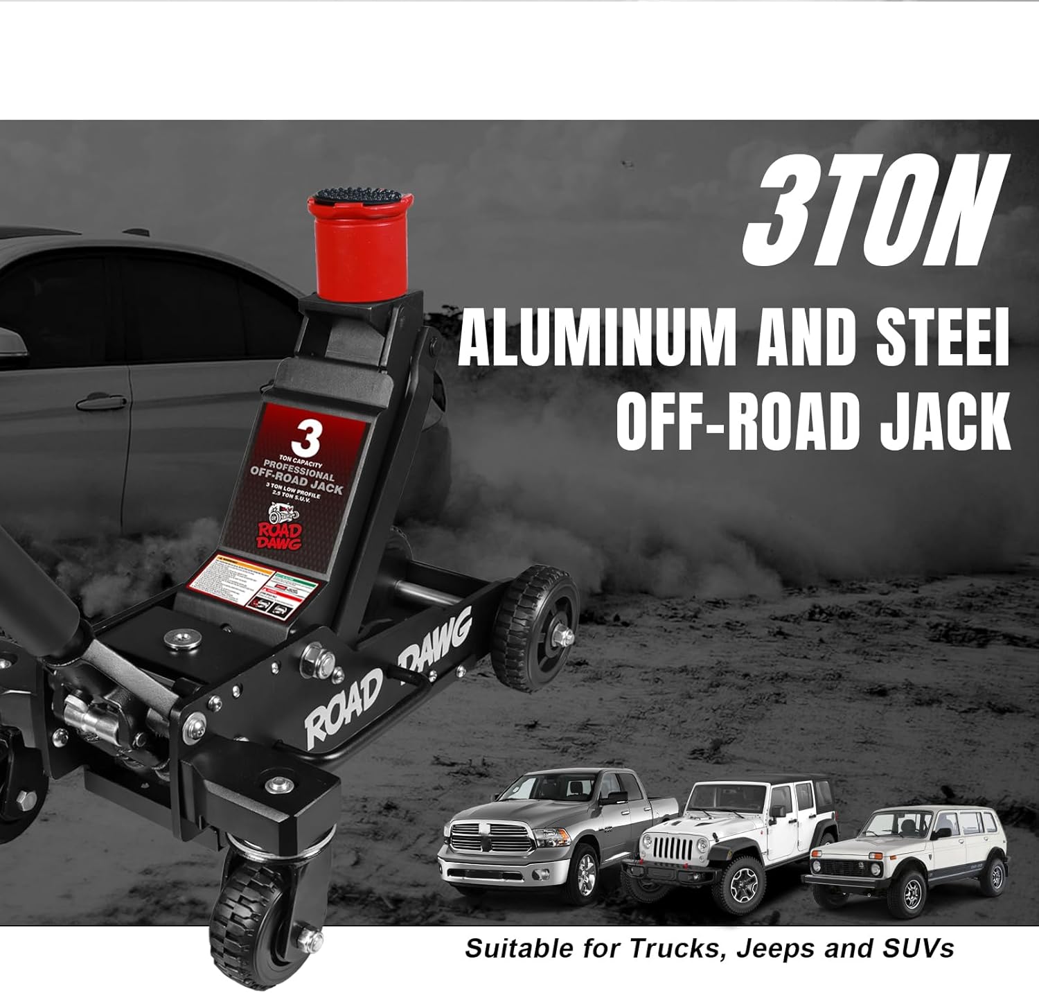 ROAD DAWG 3 Ton Big Wheel Off-Road Jack, Professional Aluminum and Steel Racing Floor Jack with Dual Pistons Quick Lift Pump, Lift for Trucks, SUVs, ATVs Off road Vehicles,6000lb Capacity, AT830006XDL