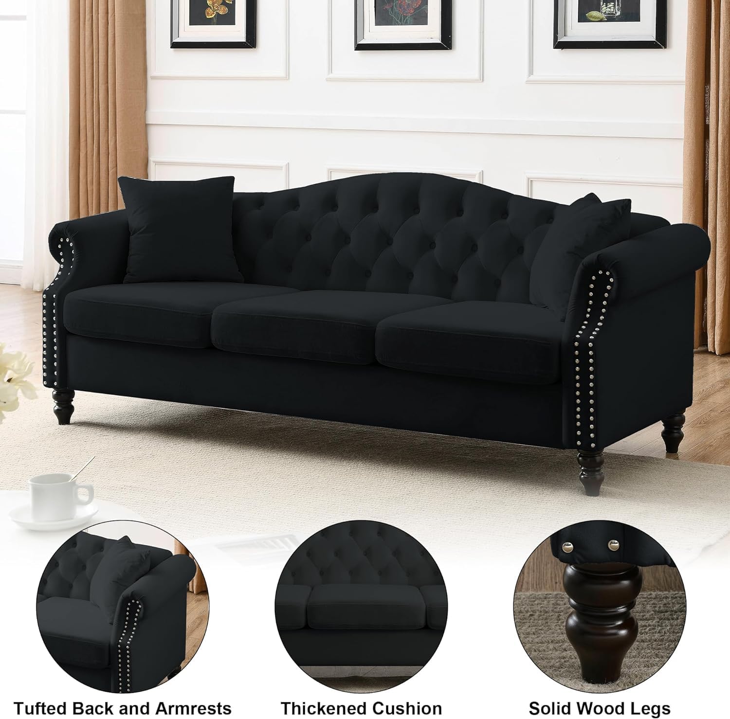 79" Chesterfield Velvet 3-Seater Sofa for Living Room,Tufted Couch with Rolled Arms Nailhead and Two Pillows for Living Room, Bedroom