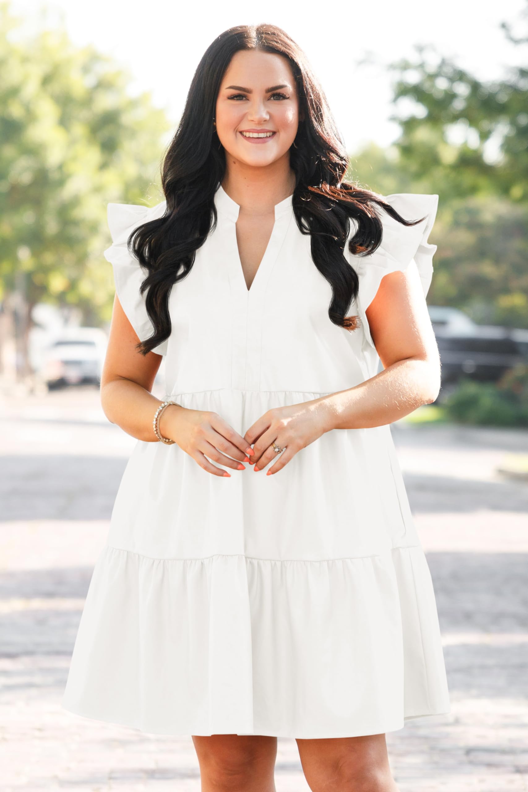 پیراهن‌های سایز بزرگ فیسو برای زنان تابستانی با آستین کوتاه چین‌دار، یقه هفت، پیراهن چندلایه تاب‌دار، مدل بَبی‌دال مینی، سفید