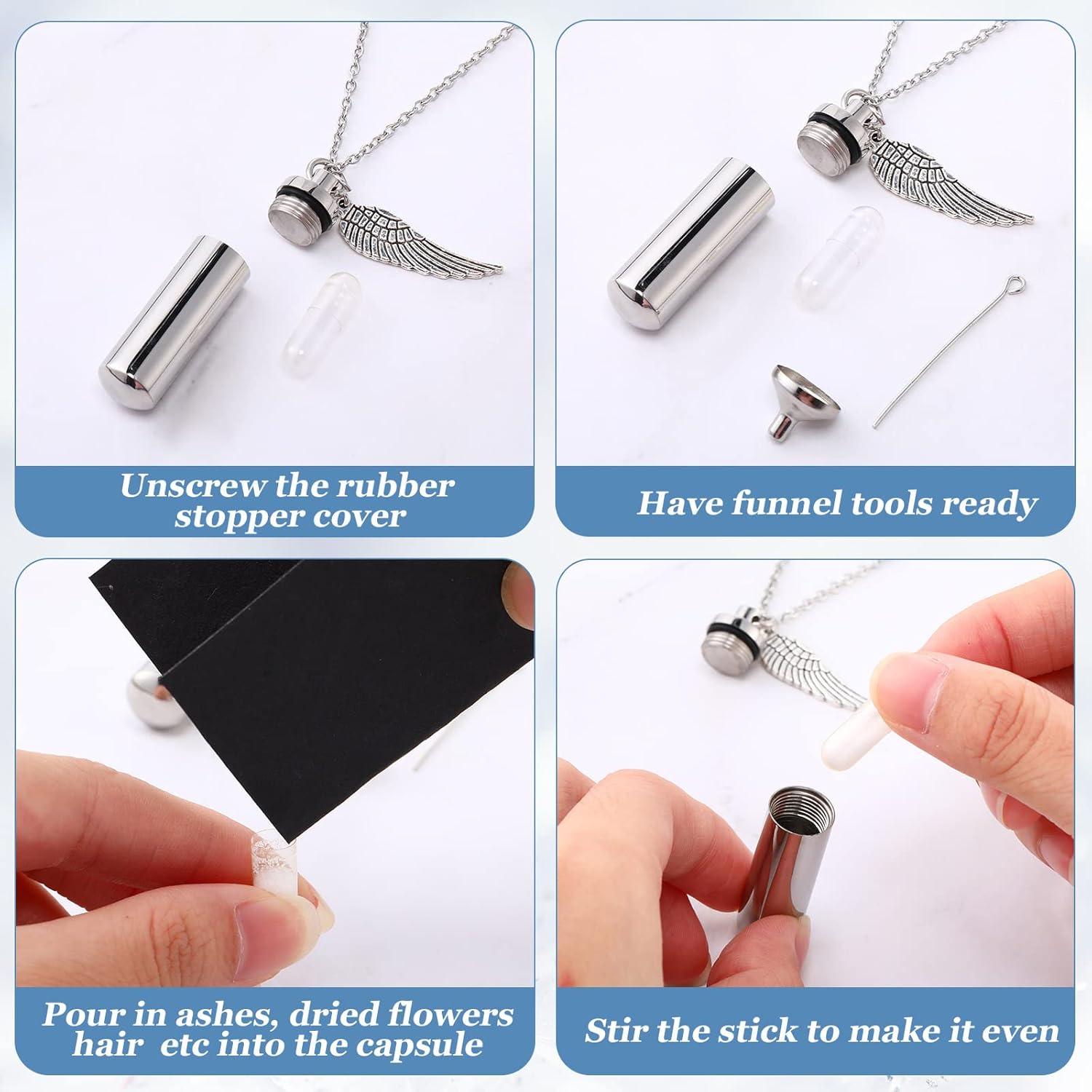 Kigeli 10 Pcs Cylinder Cremation Urn Necklace with Angel Wing Stainless Steel Memorial Keepsake Pendant Cremation Necklaces for Ashes for Women Men Urn Jewelry Sets Keepsake Necklace with Filling Kit