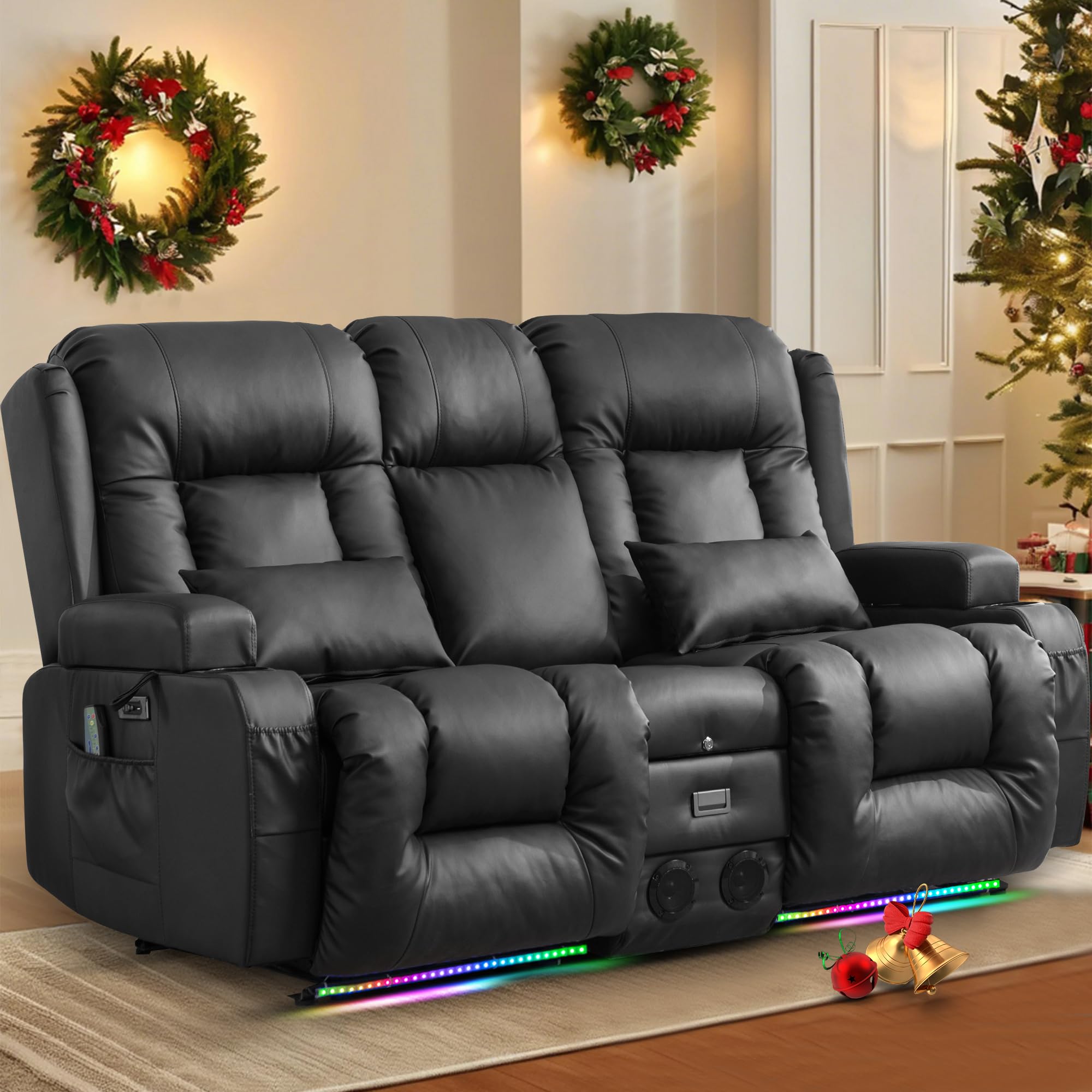 TUNYI Power Loveseat Recliner Sofa with Massage & Heat Home Theater Seating with Console Electric Recliner RV Sofa with USB/Outlet/Storage/Side Pocket/LED Light/Speaker (Brown, Loveseat)