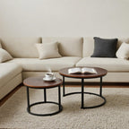 FAHKNS Nesting Coffee Table Set of 2, 27.56" & 19.68" Round Simple Industrial Side Tables for Living Room with Wood Top & Metal Base, Space-Saving Furniture for Small Spaces