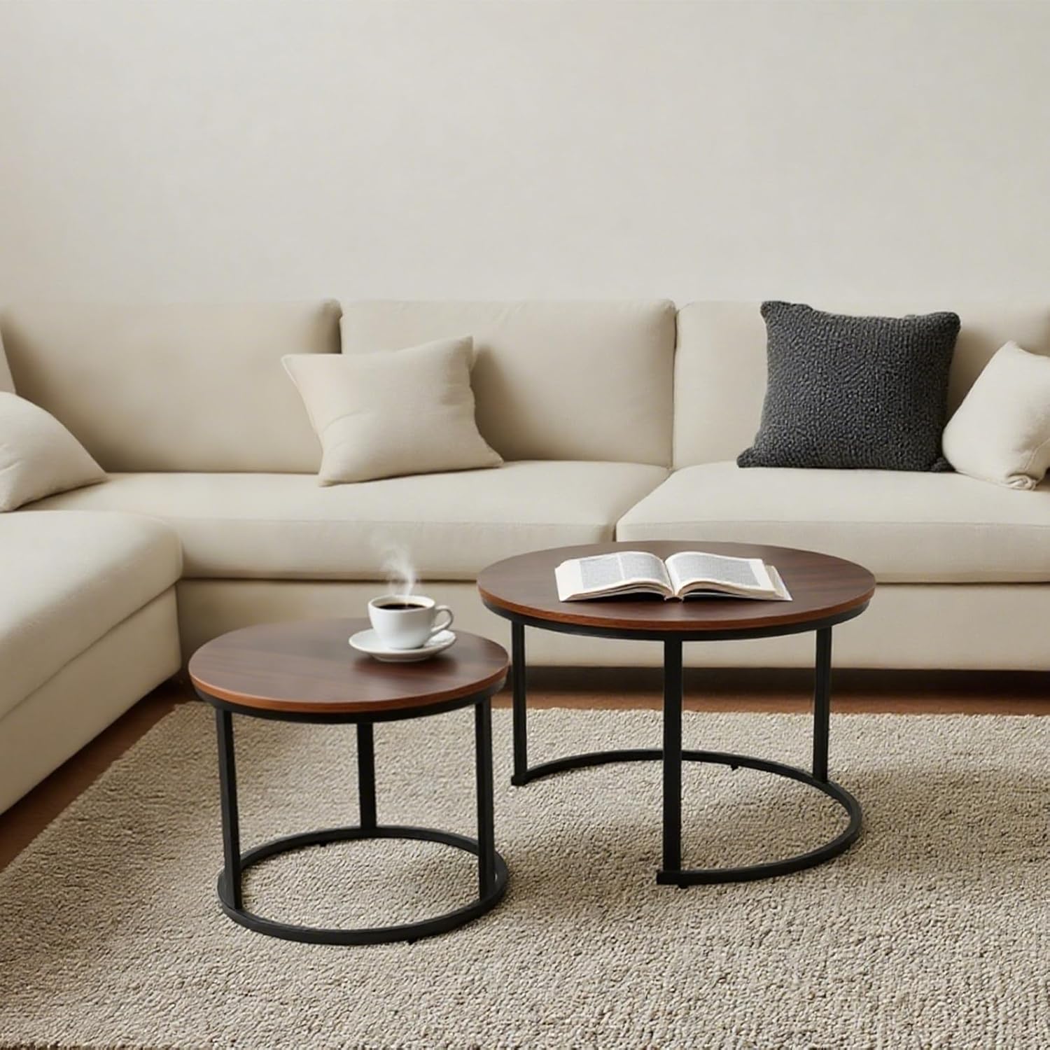 FAHKNS Nesting Coffee Table Set of 2, 27.56" & 19.68" Round Simple Industrial Side Tables for Living Room with Wood Top & Metal Base, Space-Saving Furniture for Small Spaces