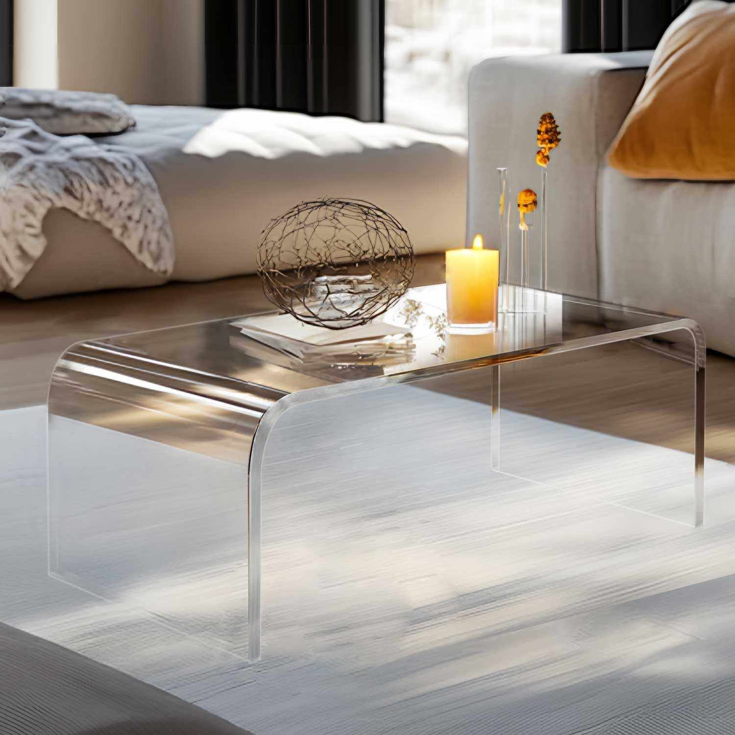32inch Premium Clear Acrylic Rectangle Coffee Table for Living Room,Mid Century Transparent Waterfall Lowtea Table, Middle Size Table (32"x16"x16") Fit for 2 Seat Sofa