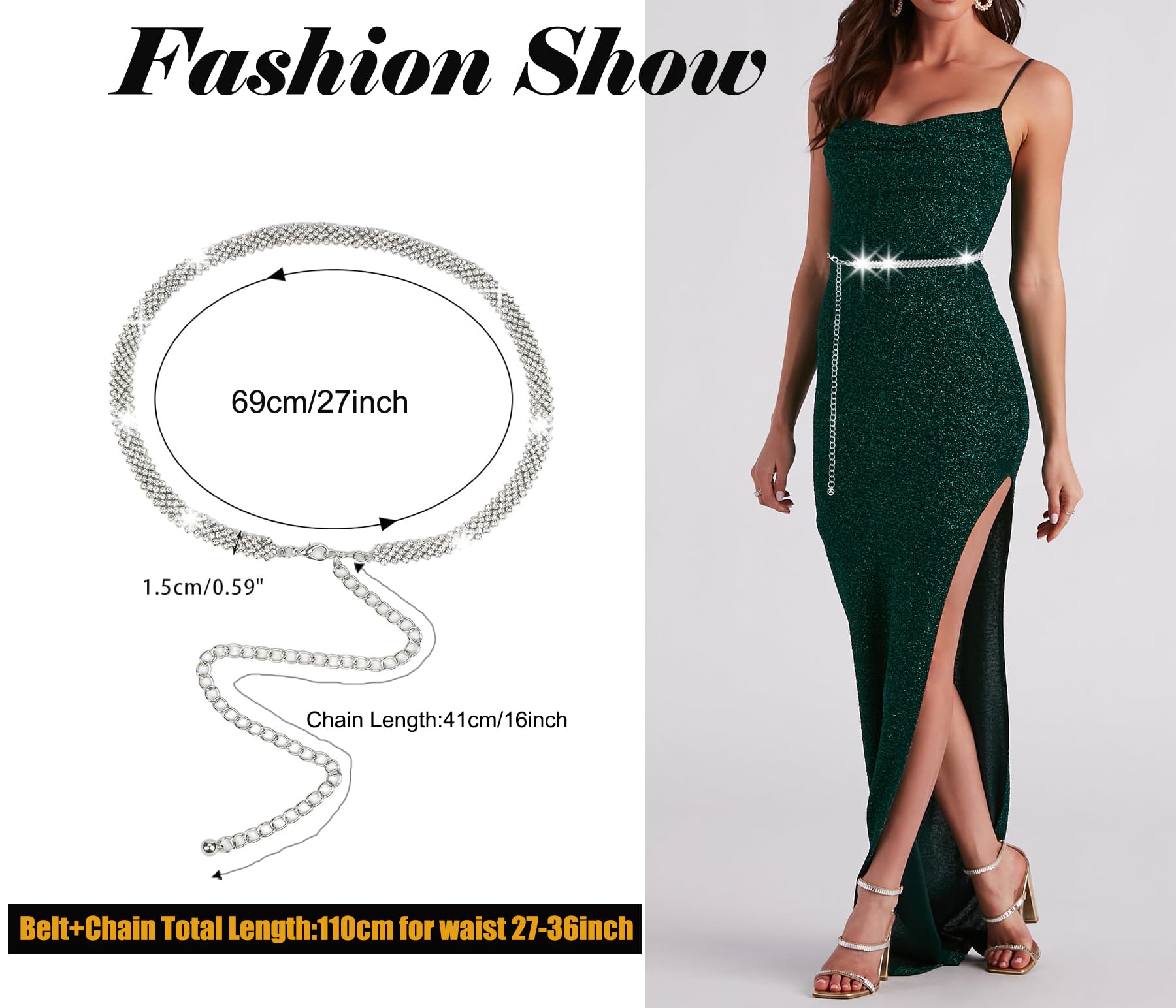 HinyBoeh Women's Rhinestone-Chain-Belt Silver-Diamond-Waist-Belts Adjjustable for Wedding-Bridal Dress 27-36''Waist