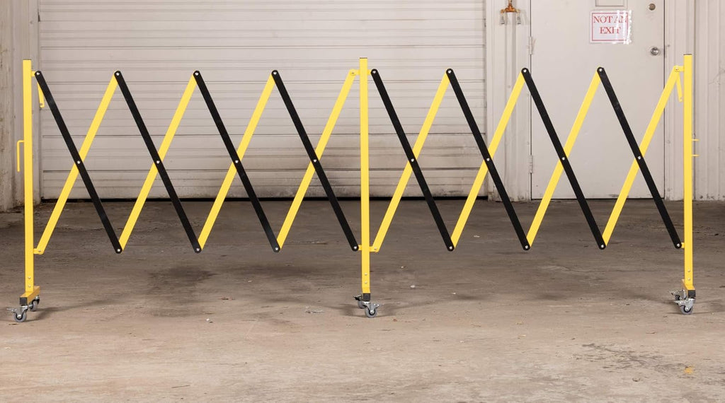 Trafford Industrial Expandable Metal Barricade, 16 Feet, Yellow and Black, Mobile Safety Barrier Gate, Retractable Traffic Fence