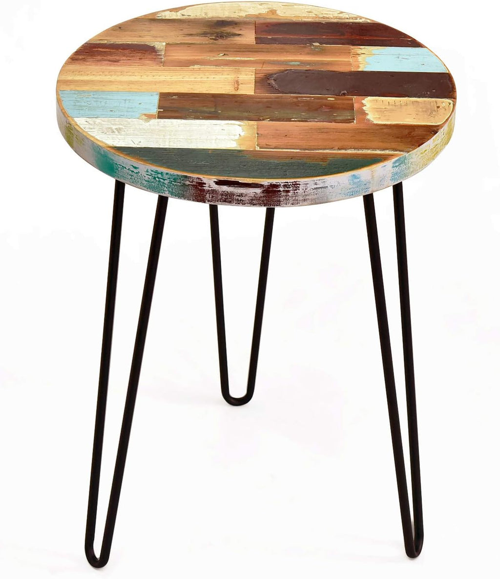 WELLAND Reclaimed Wood Side Table, Round Hairpin Leg End Table, 16" L x 16" W x 20.5" H, Night Stand, Recycled Boat Wood for Living Room, Bedroom, Home Office, Patio
