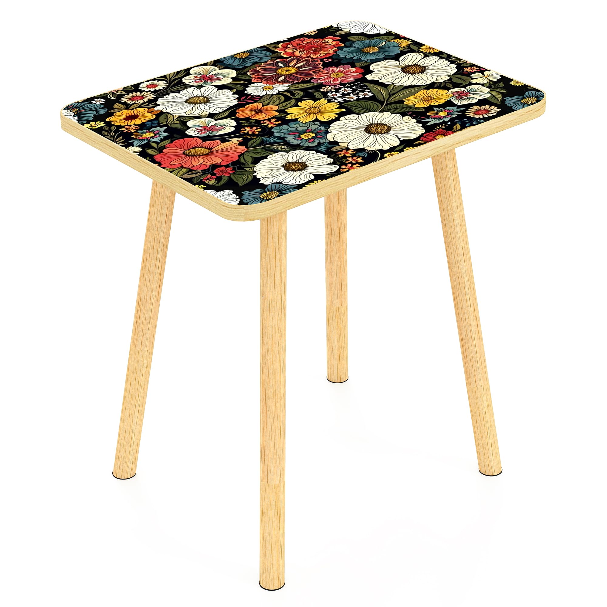 Mandala Small Rectangle End Table, Side Table with Black Flowers Finish, Retro Modern Small Coffee Table for Balcony, Living Room(11.8" D x 15.7" W x 17" H, Black, Rectangle)