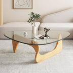 Triangle Glass Coffee Table-Mid-Century Modern End Table Solid Wood Base & Vintage Tempered Transparent Glass Top Coffee Tables Living Room Balcony (Black/Brown, Small 32.2 * 22.4 * 16in)