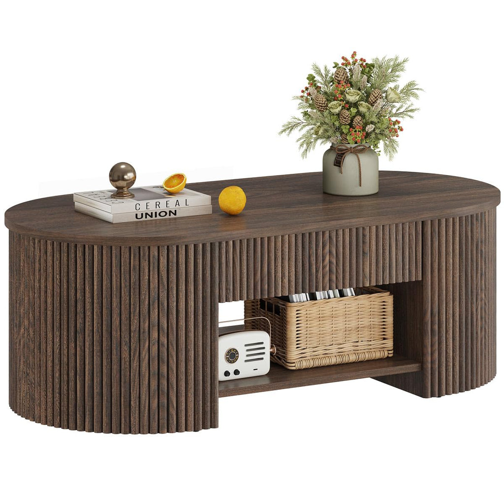 FATORRI Round Coffee Table with Storage, 31.5 Inch Modern Fluted Center Table, Woodern Accent Coffee Tables for Living Room, Black