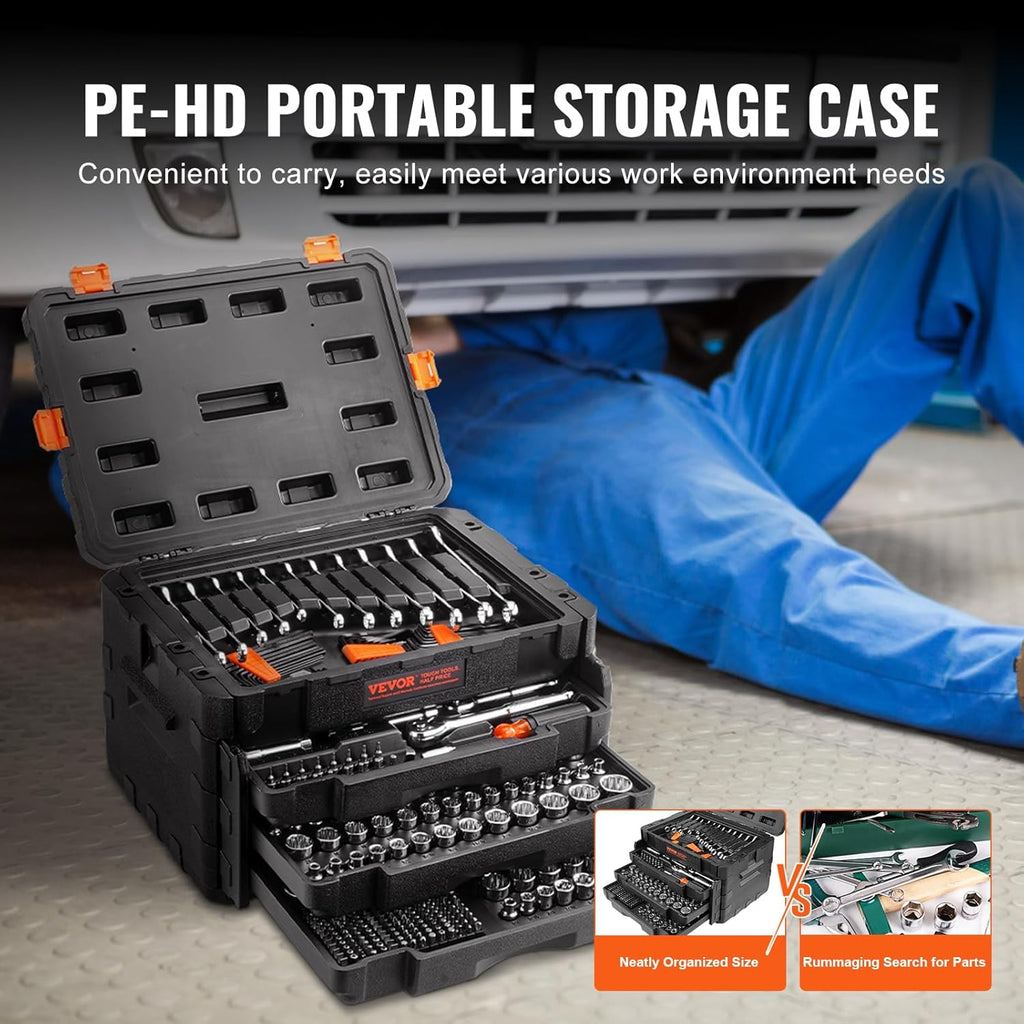 VEVOR Mechanics Tool Set and Socket Set, 1/4" 3/8" 1/2" Drive Deep and Standard Sockets, 450 Pcs SAE and Metric Mechanic Tool Kit with Bits, Combination Wrench, Hex Wrenches, Accessories, Storage Case