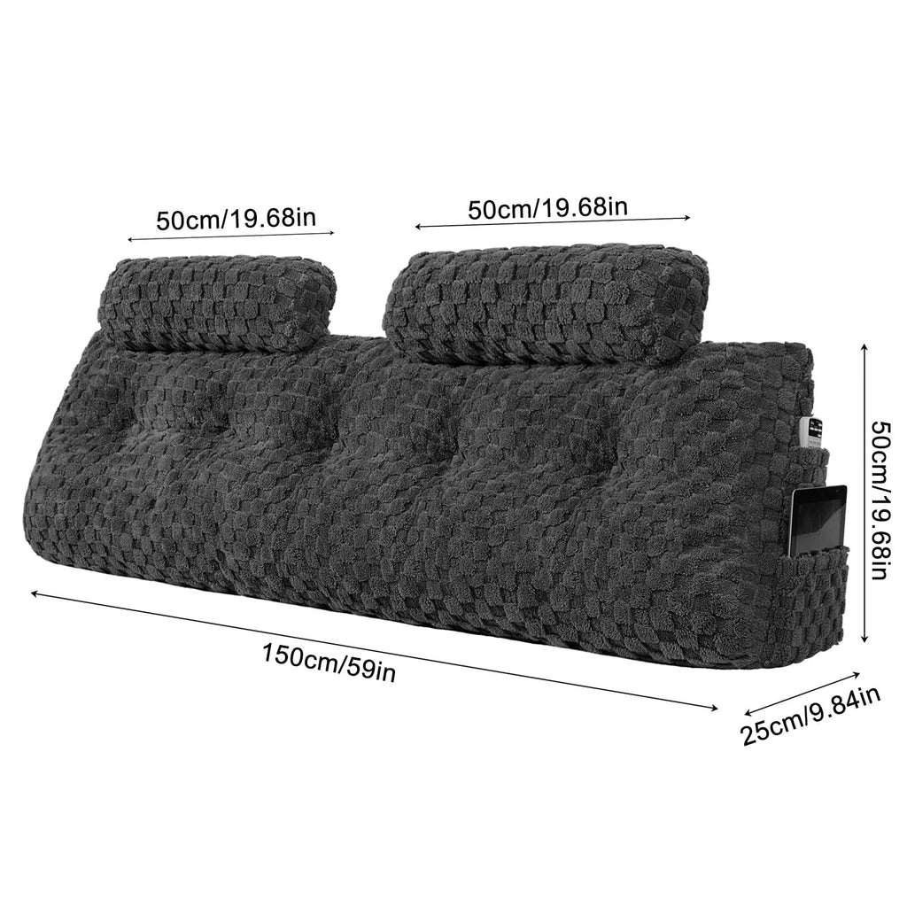 Groot hoofdeinde kussen met 2 stuks nekkussen rol kussen wig kussen bed rust lees kussen bolster driehoekig kussen voor zitten in bed-rugleuning positioneringssteun (Queen:59x8x20 inches, Donkergrijs)