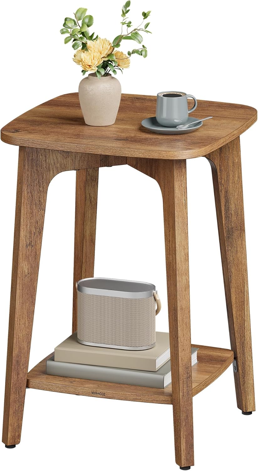 VASAGLE MAEZO Collection - Side Table, 2-Tier Small Square End Table, Nightstand with Tapered Legs, Curved Transitions, for Small Spaces, Living Room, Bedroom, Honey Brown ULET236K01