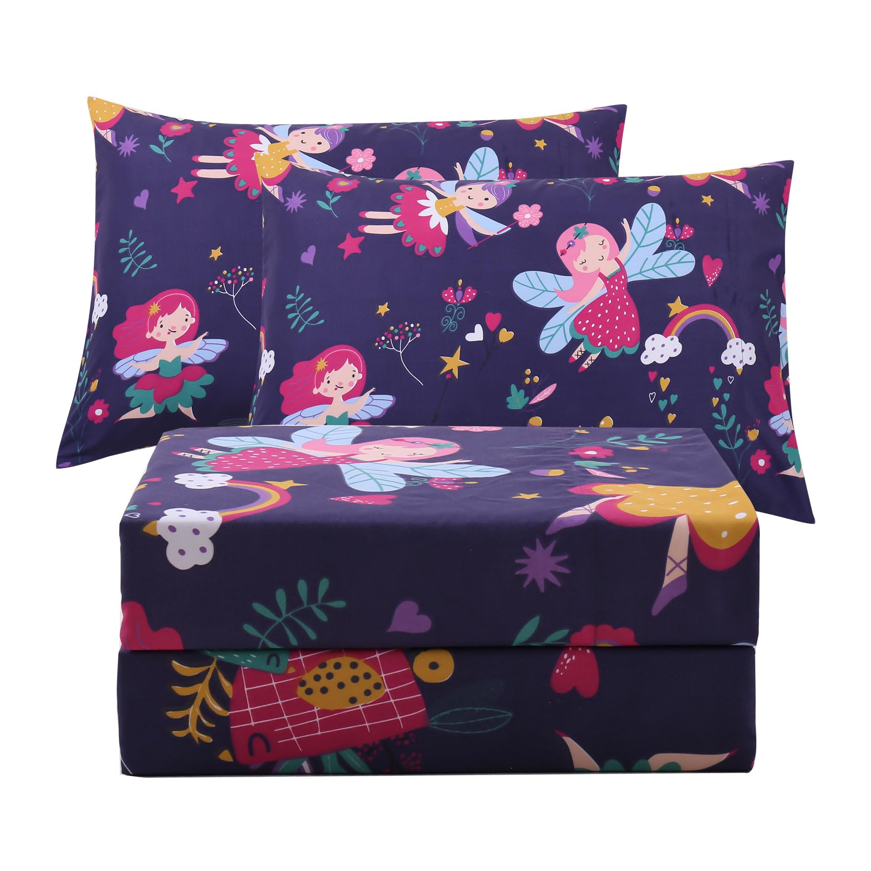 ست ملحفه کودکان یونیکورن صورتی JSD، سایز تویین، ۳ تکه، ملحفه‌های رختخواب میکروفایبر چاپ شده با طرح رنگین کمان برای دختران، جیب عمیق