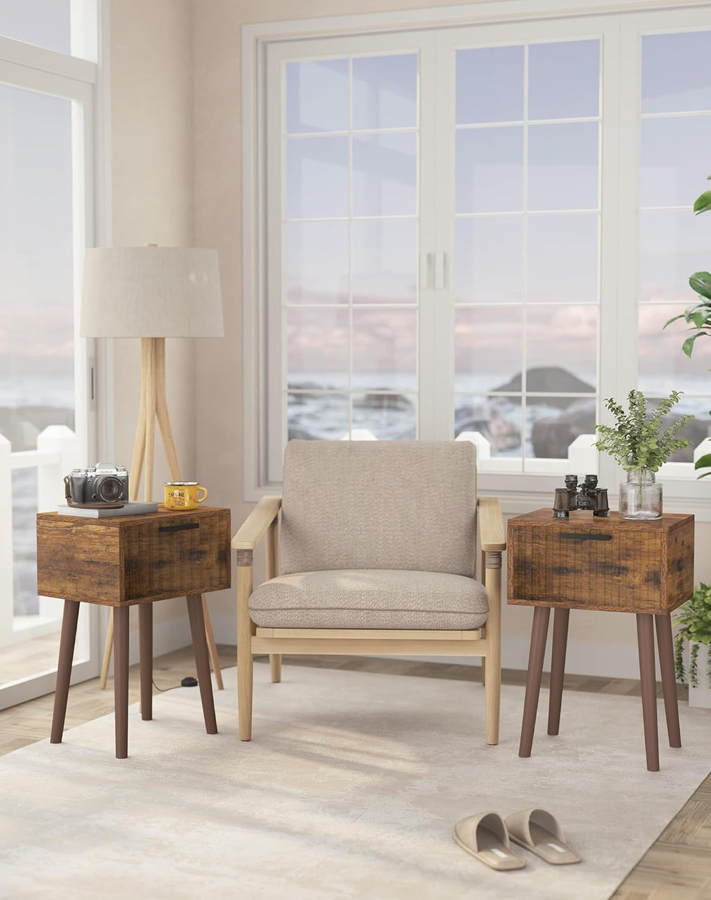 YMYNY Fluted Nightstand, Small End Table, Modern Coffee Table with Drawer, Solid Wood Legs, 13.8" x 10.6" x 20.9", for Bedroom and Small Spaces, Rustic Brown UHST014H-2