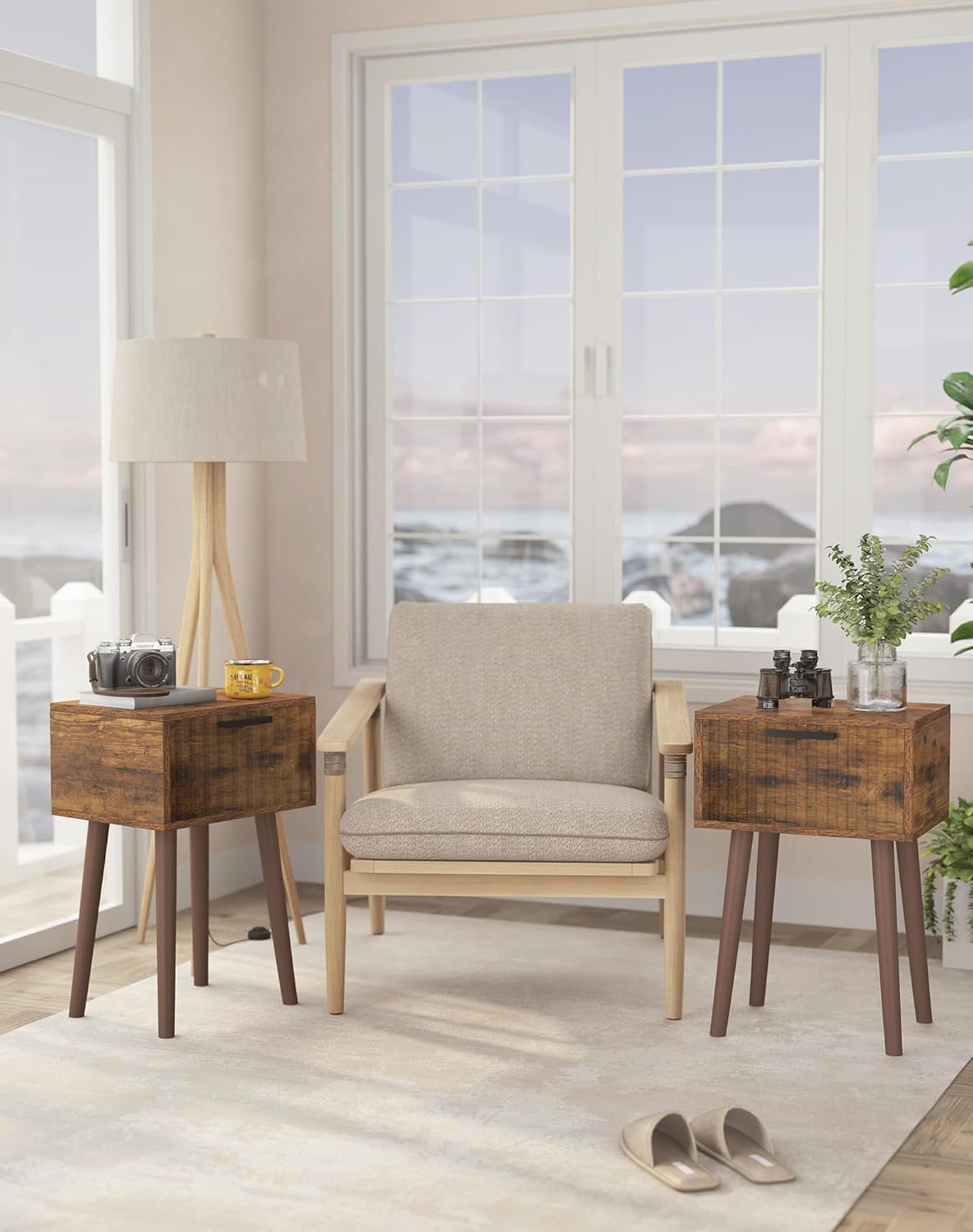 YMYNY Fluted Nightstand, Small End Table, Modern Coffee Table with Drawer, Solid Wood Legs, 13.8" x 10.6" x 20.9", for Bedroom and Small Spaces, Rustic Brown UHST014H-2