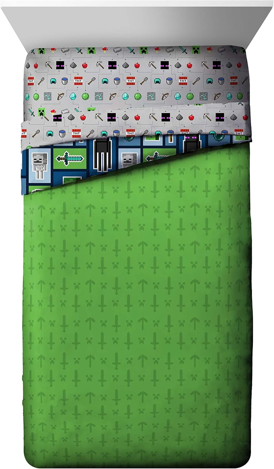 Jay Franco Minecraft Monster Hunters 4 Piece Twin Bed Set - Includes Reversible Comforter & Sheet Set - Bedding Features Creeper - Super Soft Fade Resistant Microfiber (Official Minecraft Product)