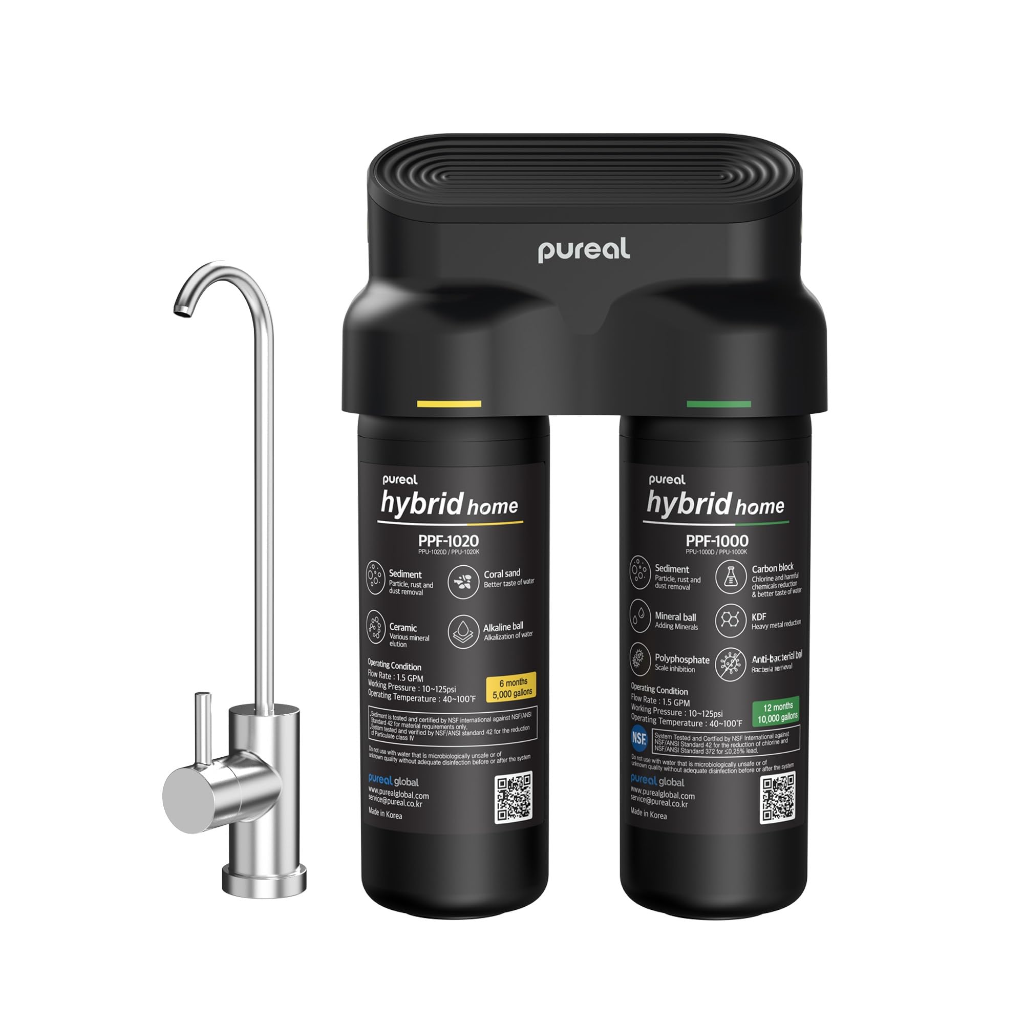 Pureal Hybrid Home PPU-1020K 2 Stage Under Sink Water Filter System, 10K Gallons, NSF/ANSI 42&372, Mineral Sediment Carbon Block KDF Polyphosphate Filter for Scale & Lead & Chlorine