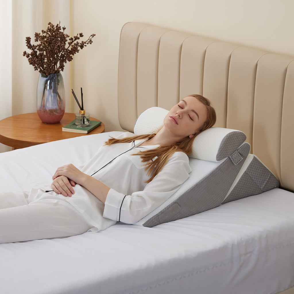 Bedluxe Keilkissen Kopfteil, 3-teilige orthopädische Keilkissen-Set für nach der Operation, verstellbares Keilkissen für Säurereflux- und Rückenschmerzlinderung, Schlafen, Rückenkissen zum Sitzen im Bett, Weiß/Grau