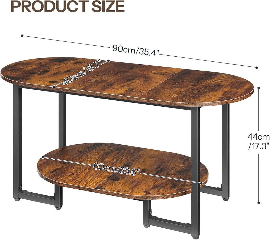 HOOBRO Coffee Table for Living Room, Oval Small Coffee Table with 2-Tier Open Storage Shelf, Industrial Cocktail Tea Table, Wooden Desktop Center Table, Farmhouse, Home Office, Rustic Brown BF09KF01