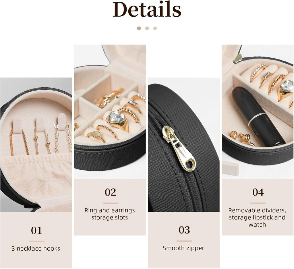 Petoskey Stone Printed Leather Jewelry Box, Black Round Jewelry Organizer for Earrings, Rings, Necklaces, Bracelets