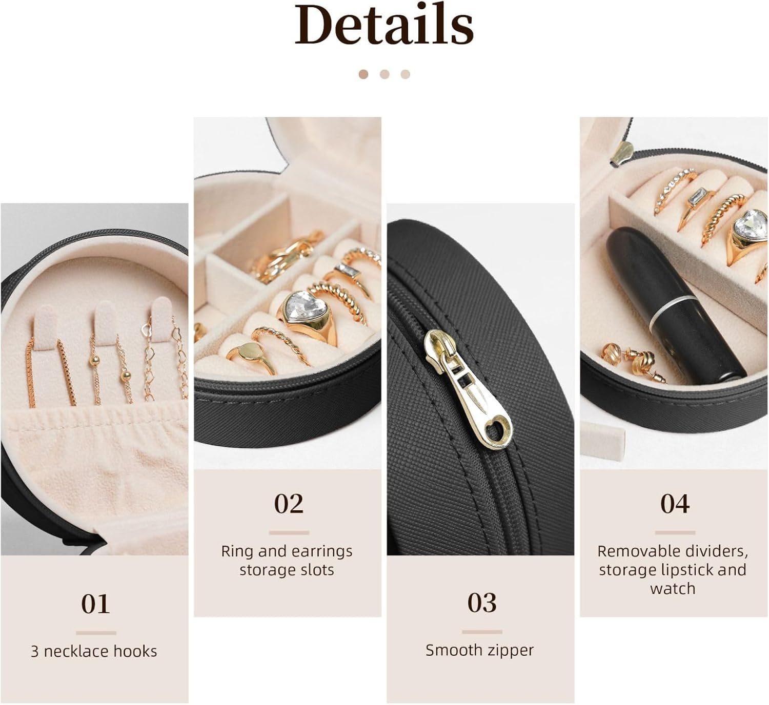 Petoskey Stone Printed Leather Jewelry Box, Black Round Jewelry Organizer for Earrings, Rings, Necklaces, Bracelets