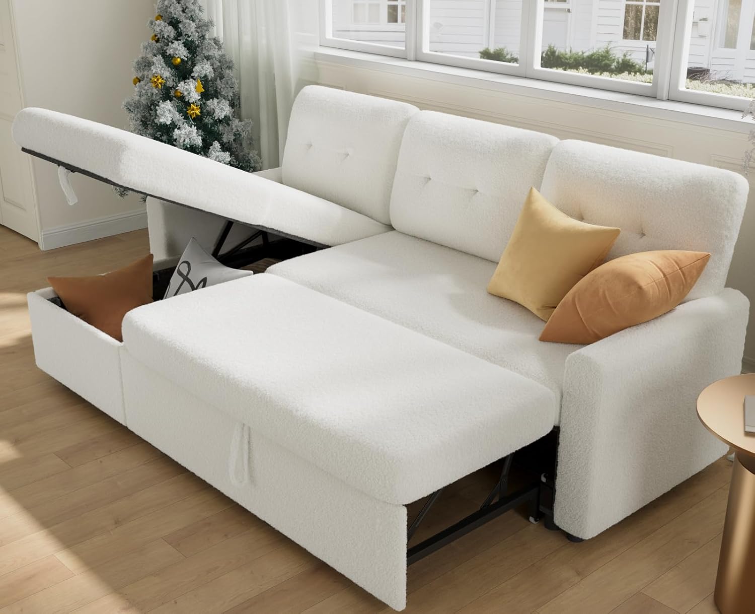 IULULU Sleeper Sofa, L Shaped Boucle Sectional Couch with Pullout Bed, Reversible Storage Chaise, 2 in 1 Pull Out Couches for Living Room, Apartment, Off White