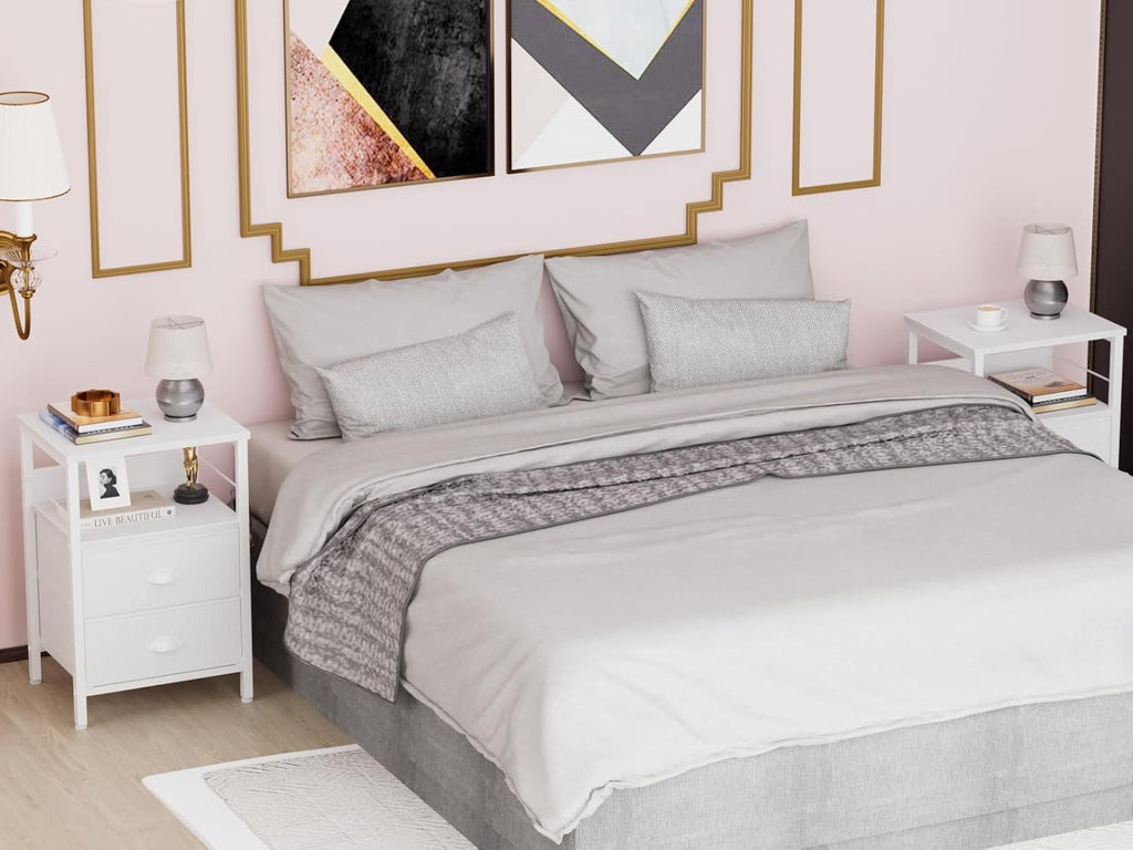 Furologee Nightstands Set of 2, End Table with 2 Fabric Drawers, Night Stand with 2 Hooks, Open Wood Shelf Bedside Table for Bedroom/Living Room/White