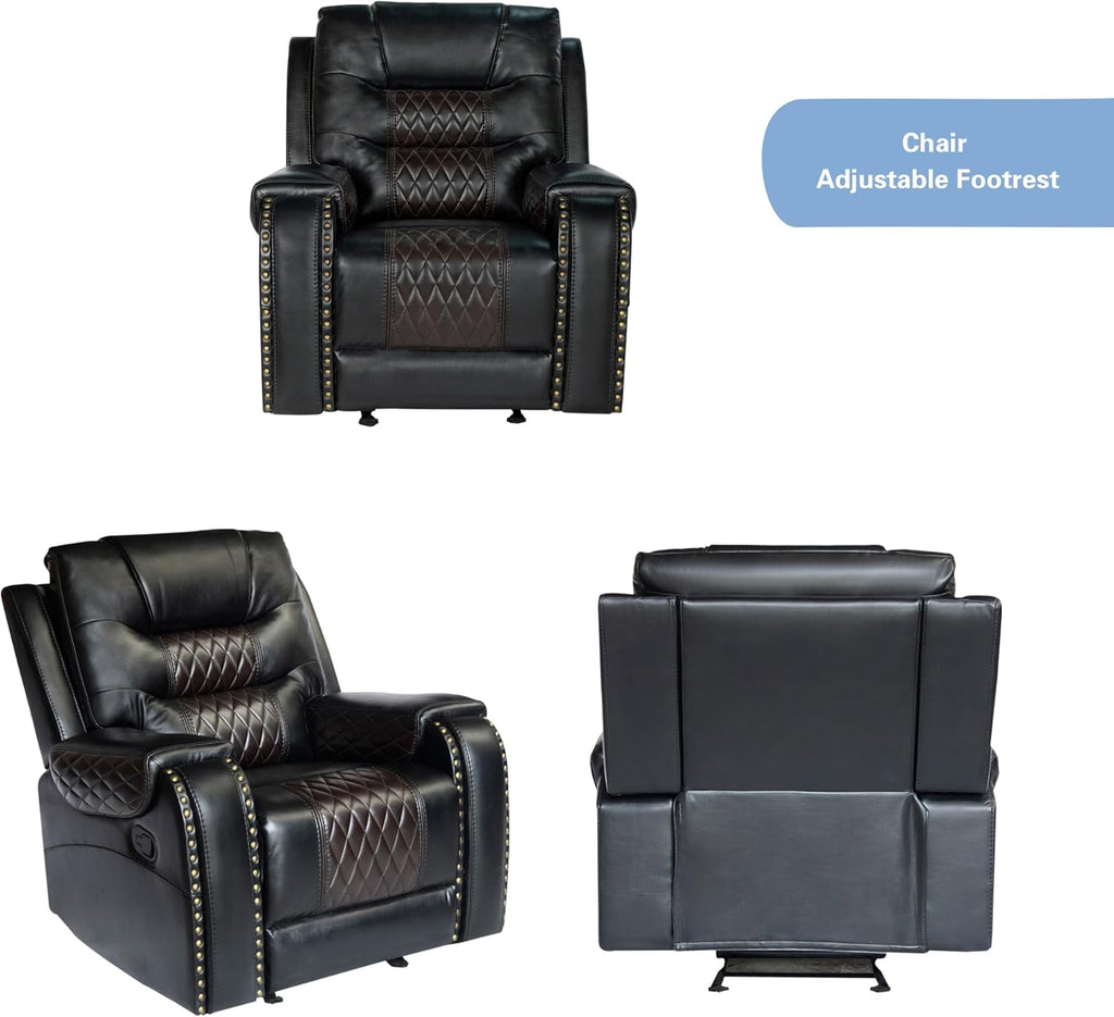 PU Leather Sofa Set, 3 Pieces Living Room Set with Cup Holders, Manual Recliner Sofa &Loveseat & Chair, Black