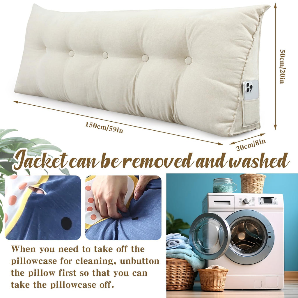 Wenqik Wedge Pillow Queen Triangular Headboard Bed Reading Backrest Back Support Long Pillow with Removable Cover for Dorm Room Supplies Housewarming Gift(Beige)