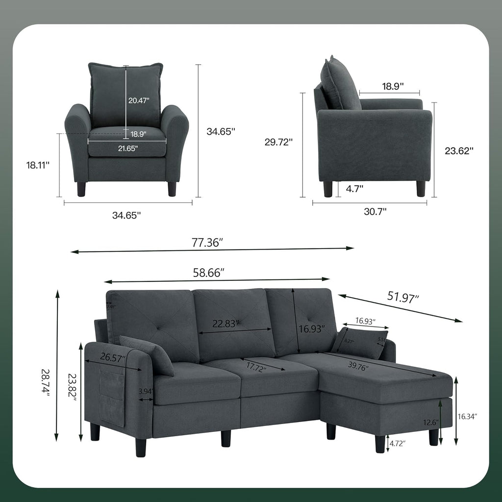 Sectional Sofa Set Convertible and Accent Chair - Small 3 Seat L Shaped Couch With Reversible Ottoman and Side Pockets, Modern Linen for Living Room, Office, Apartment, Dark Grey