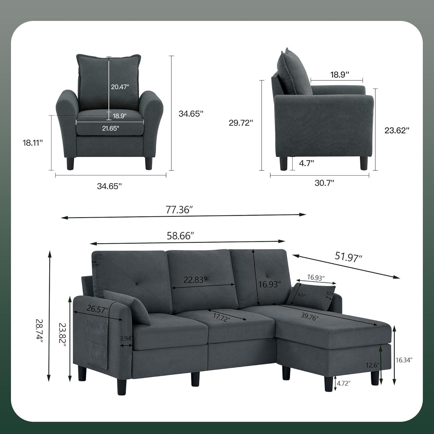 Sectional Sofa Set Convertible and Accent Chair - Small 3 Seat L Shaped Couch With Reversible Ottoman and Side Pockets, Modern Linen for Living Room, Office, Apartment, Dark Grey